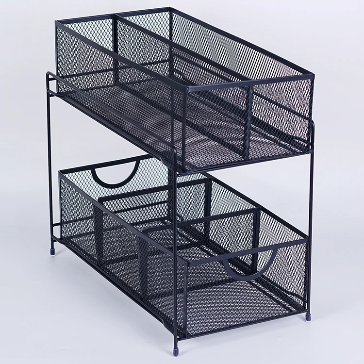 Steel Mesh 2-Tier Under Sink Cabinet Organizer with Sliding Storage Drawer