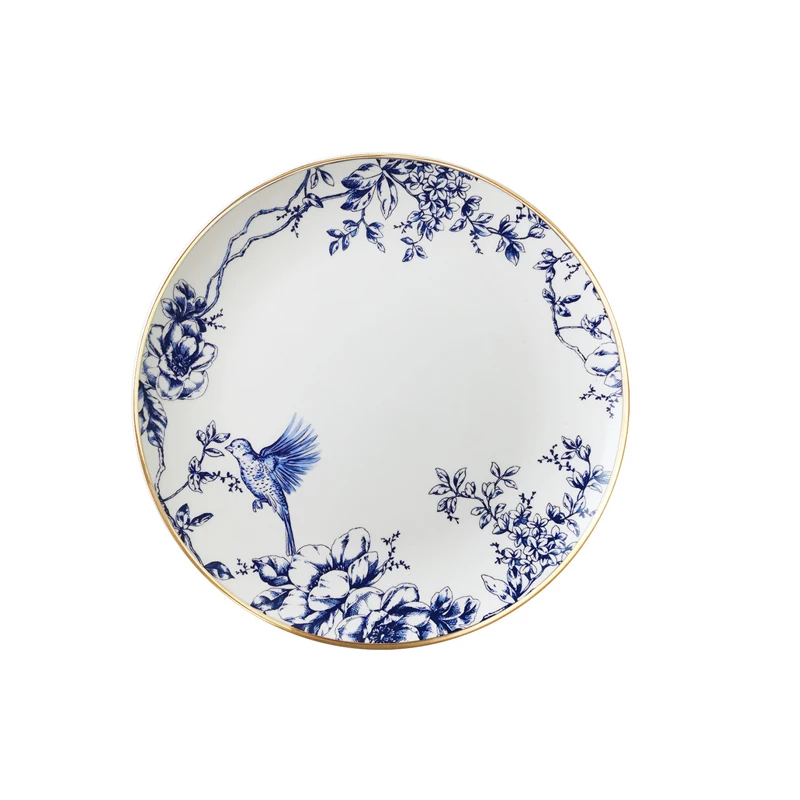 Nordic Tableware White and Blue Ceramic Dinnerware Set with Gold Rim Vintage Floral Birds Pattern Crockery for Wedding Decor