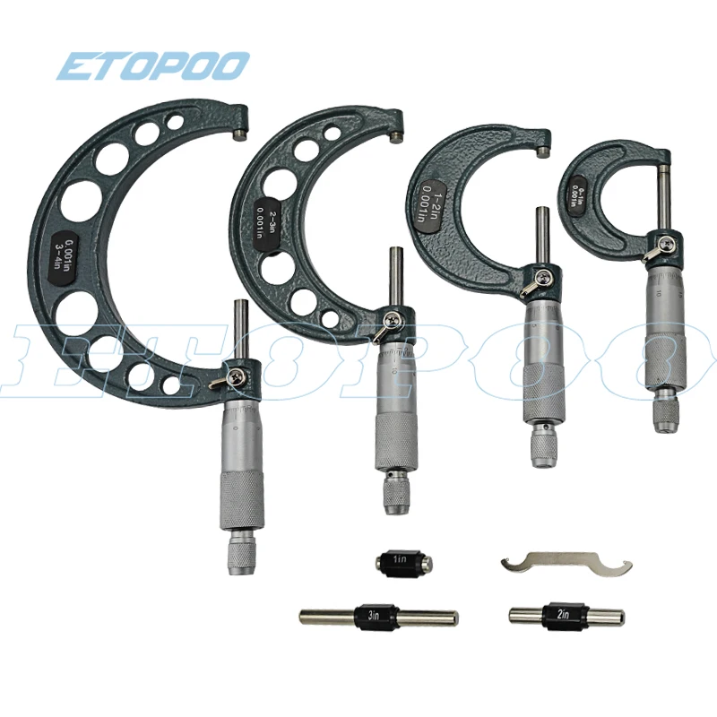 Микрометр с атласной хромированной отделкой, диапазон измерения 0-4 дюйма, интервал окончания 0,001 дюйма, набор из 4 шт.