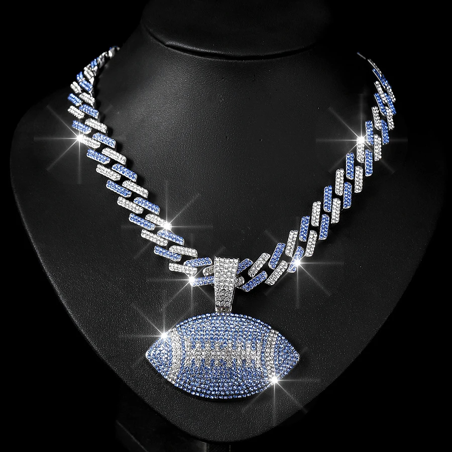 NL2274 Rugby Pendant Necklace Collana con ciondolo di rugby con catena cubana di cristallo da 13 mm Collana Hiphop Bling in lega