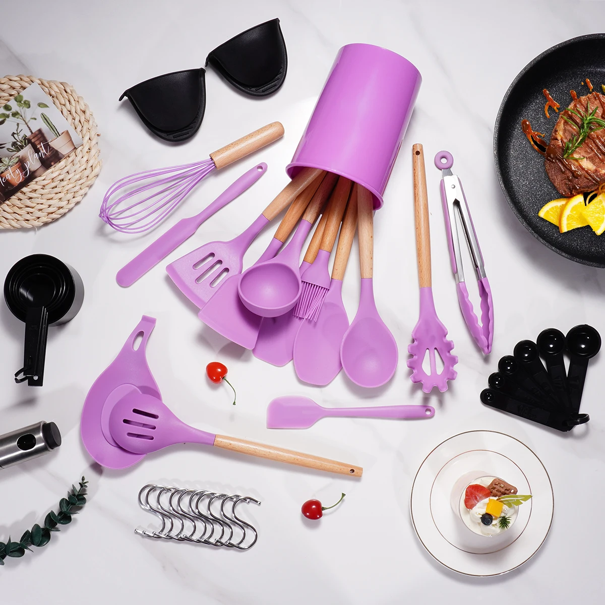 38 Pcs Wholesale Kitchen Accessories Cooking Tools Kitchenware Wooden Handle Non-Stick Silicone Kitchen Utensil Set