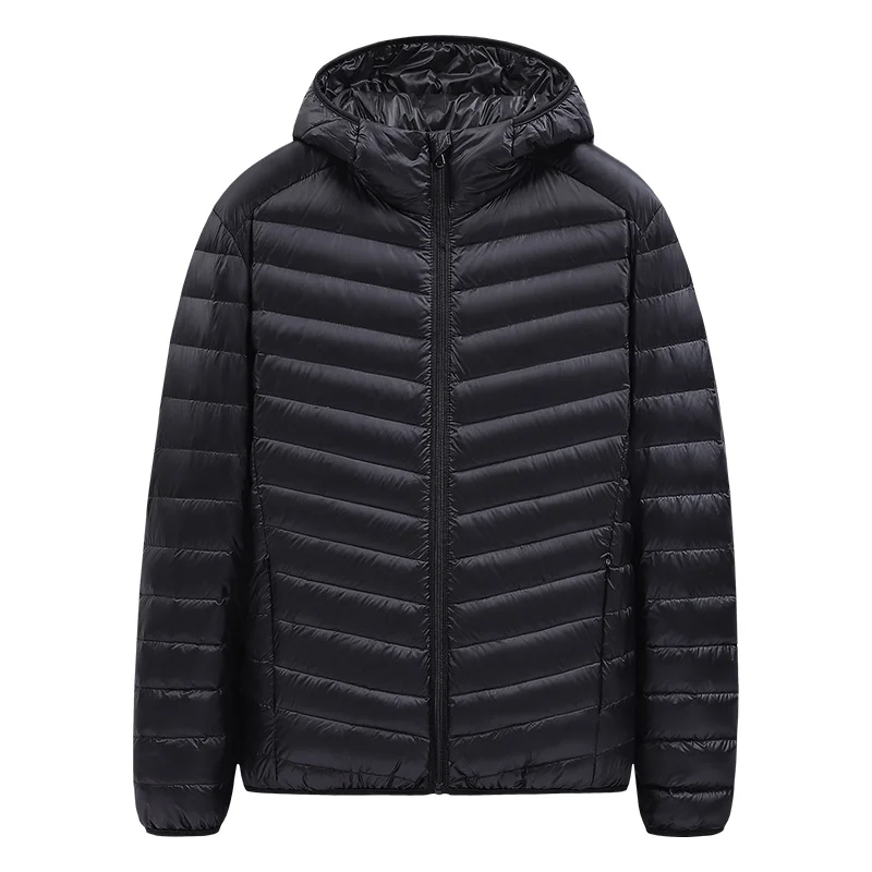 Athletic Lightweight White Hooded Duck Down Jacket For Mens Front Zipper Up Packable Insulated Quilted Coat