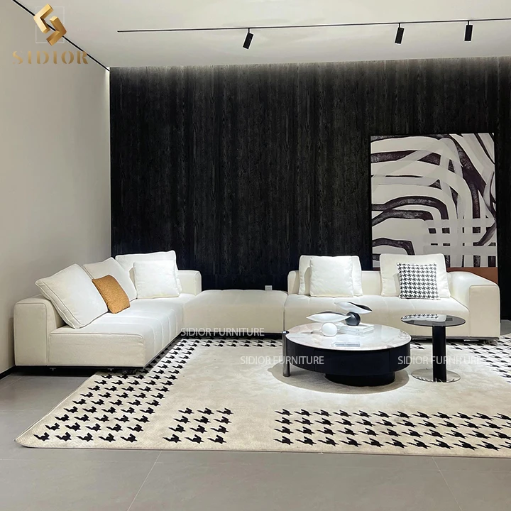 Minimalist Modern Grey Real Leather Sectional Linen Fabric Villa 8 Seater Couch Sofa Set L Shaped Corner Sofa Couch