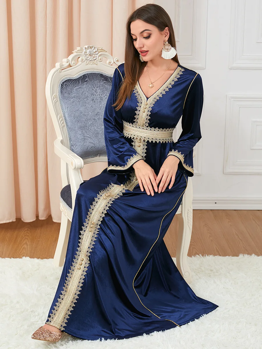 Hot Sell Women Elegant Deep V-neck Dress Gold Velvet Embroidery Muslim Dress Dubai Abaya Party Maxi Long Dress