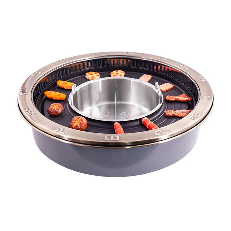 AOBL Smokeless Hot Pot Barbecue Table Customized Solid Wood Rock Board Marble Round Baking and Rinsing Integrated Equipment