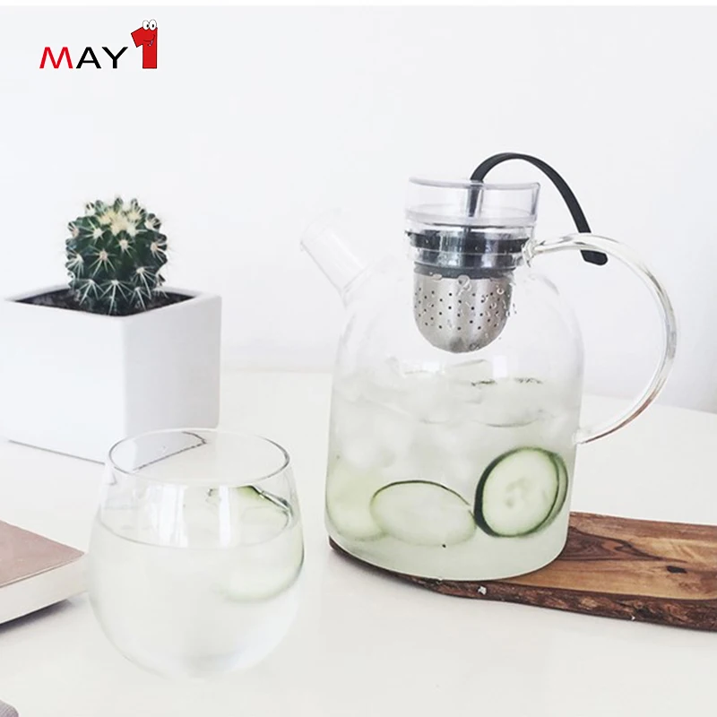 
Customized Logo Handblown Pull Up Basket Strainer borosilicate Glass Tea Pot 