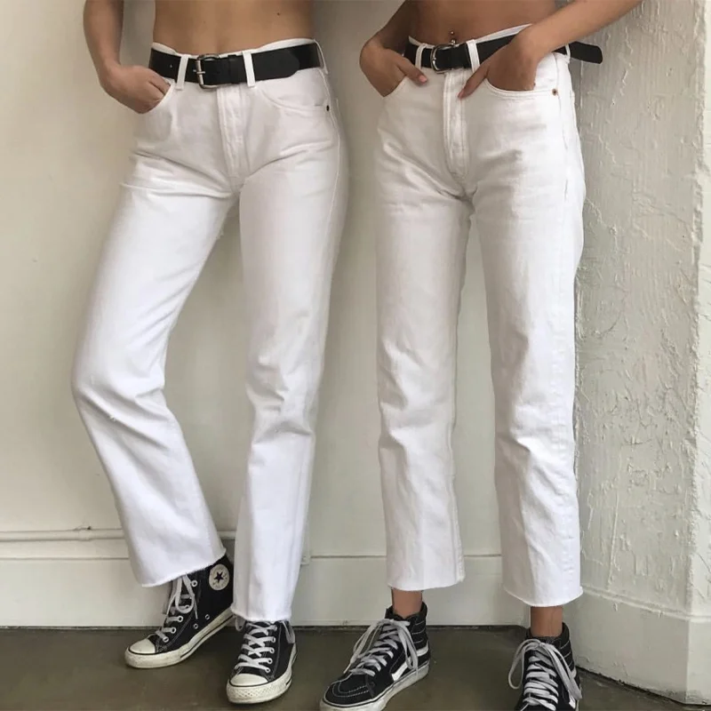 White Harajuku Mom Jeans Thin Stretch Ins Hot Wholesale Cheap Stock Women Straight Boyfriend Jeans For Girls