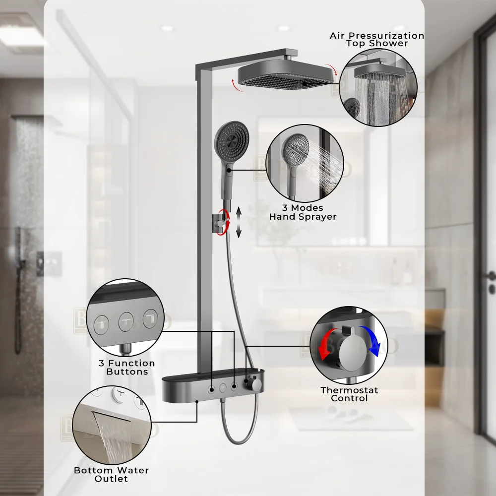 Hotel Luxury Smart Bathroom Shower Three Function Piano Keys Shower Set Rain Shower Faucet Set