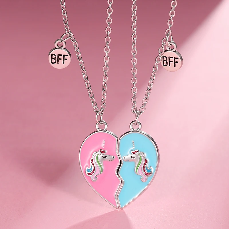 New 2 Pieces Best Friends Matching Necklace Cute Birthday Gifts Pink Blue Half Heart Necklace BFF Friendship Necklace for 2