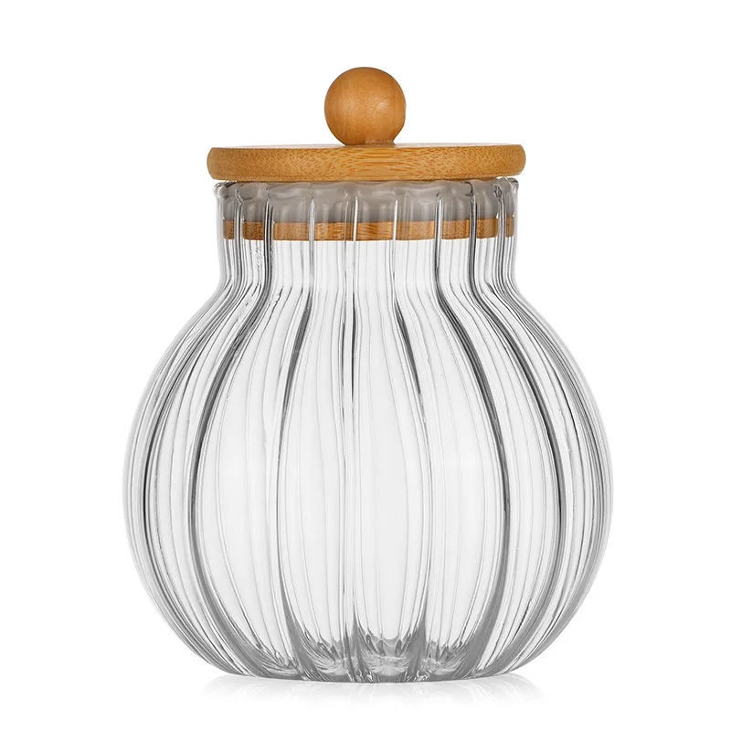 Factory direct Japanese pumpkin shape striped kitchen high borosilicate glass bamboo lid sealed storage jar