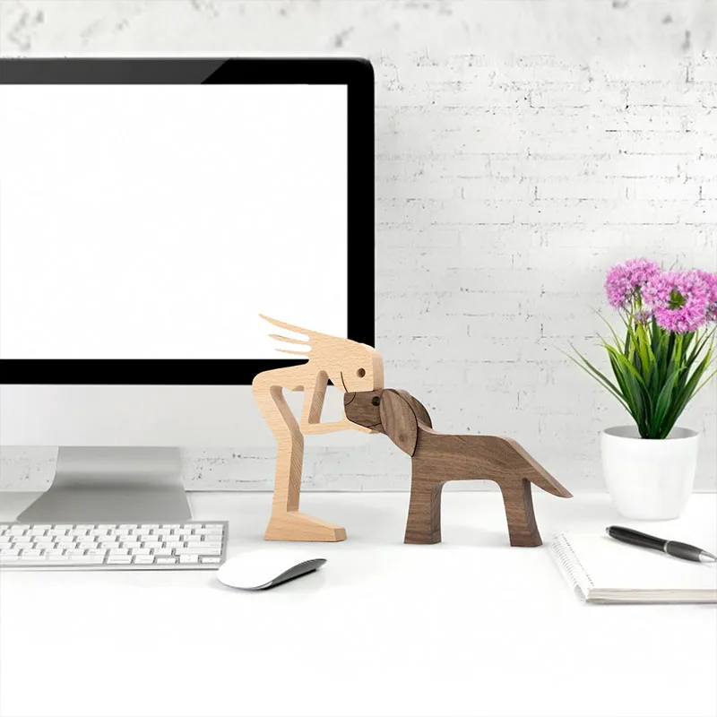 Family Puppy Wood Dog Craft Figurine Desktop Table Ornament Carving Model Creative Home Office Decoration Love Pet Sculpture