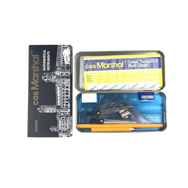 Hot Mathematical Instruments Compass Math Set Geometry Box Metal Rulers Multi Function Metal Bus Shape 3 Compartment 50ctns