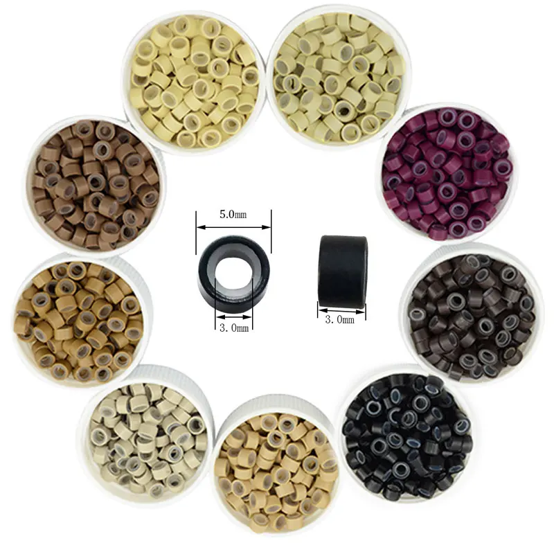 1000pcs Bottle Hair Extensions Micro Rings Links Beads 5mm Silicone Lined Beads for Human Hair Extensions Tool