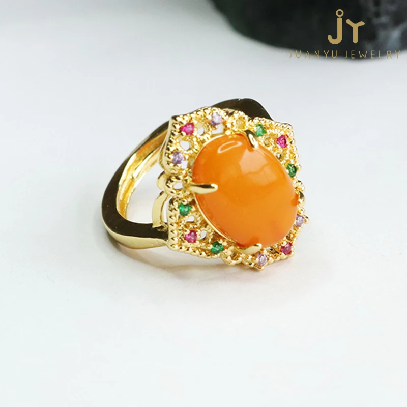 Luxurious High Quality Amber Rings For Women Natural Stone Beeswax Rings Full Of Zircon Gold Plated Gemstones Diamond Rings