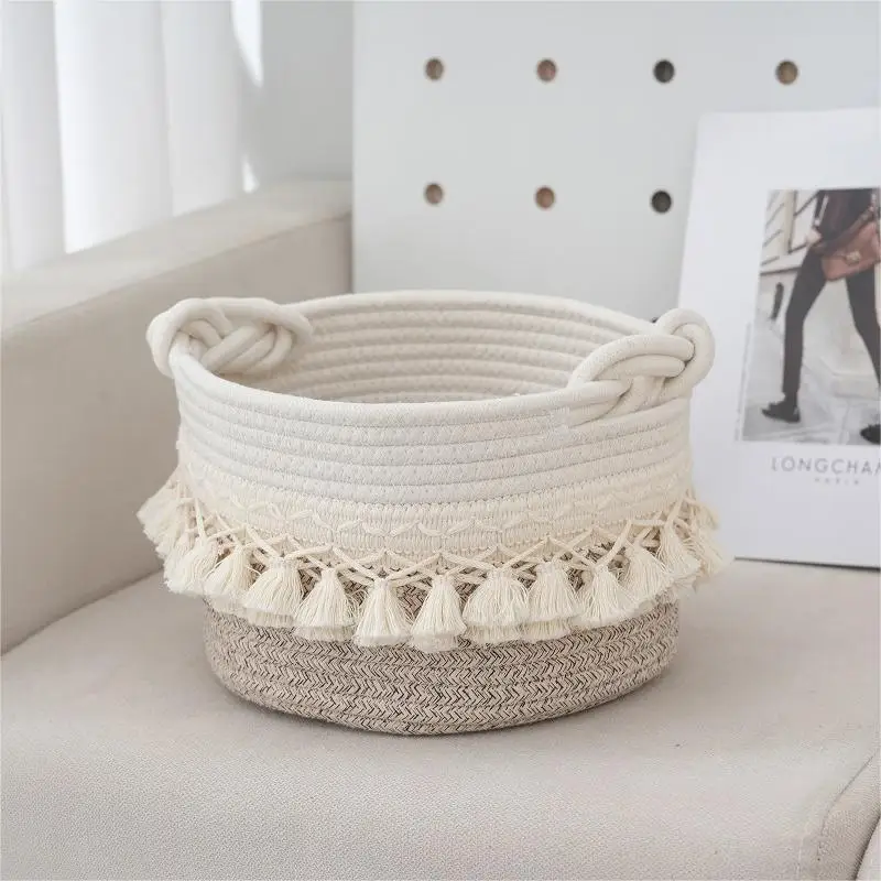 OWNSWING Cotton Rope Basket Tassel Woven Storage Basket for Toy Laundry and Blanket Organizer Basket Storage