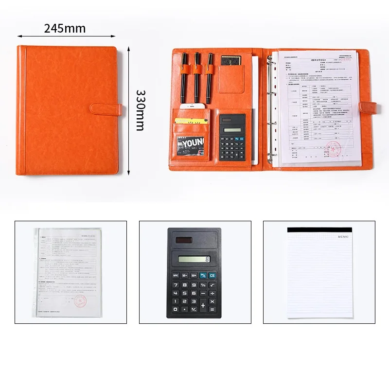 Multi Function Leather Cover 4 Hole Ring Binders File Folder A4 Document Holder with Calculator
