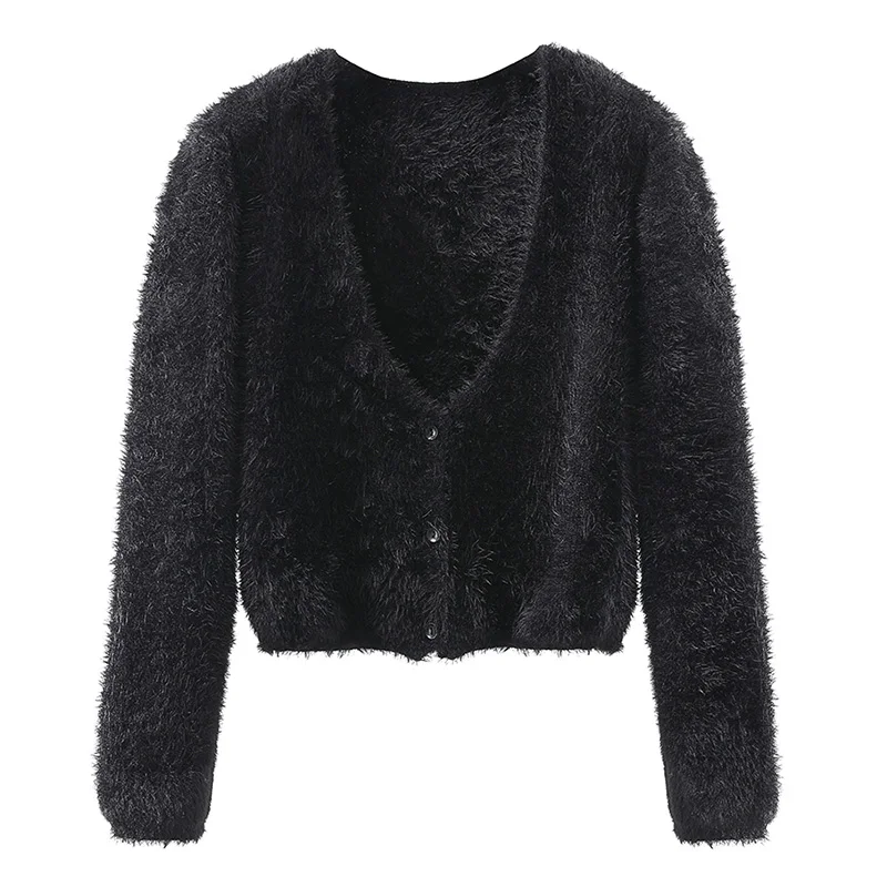 Spring Knitwear Ladies Knitted Womens Black Hairy Cardigan Sweater with Pattern