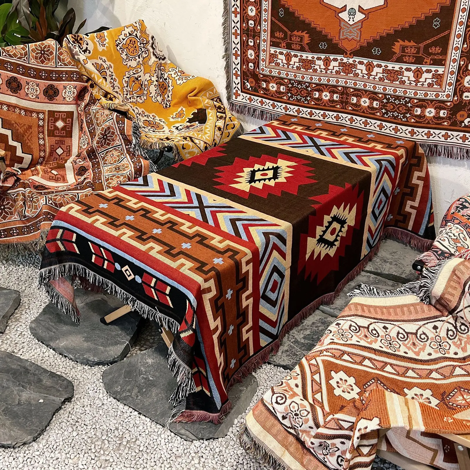 Throw woven Blanket Reversible Hippie Bohemian Vintage Knitted Large Fringed Cotton Woven Tapestry