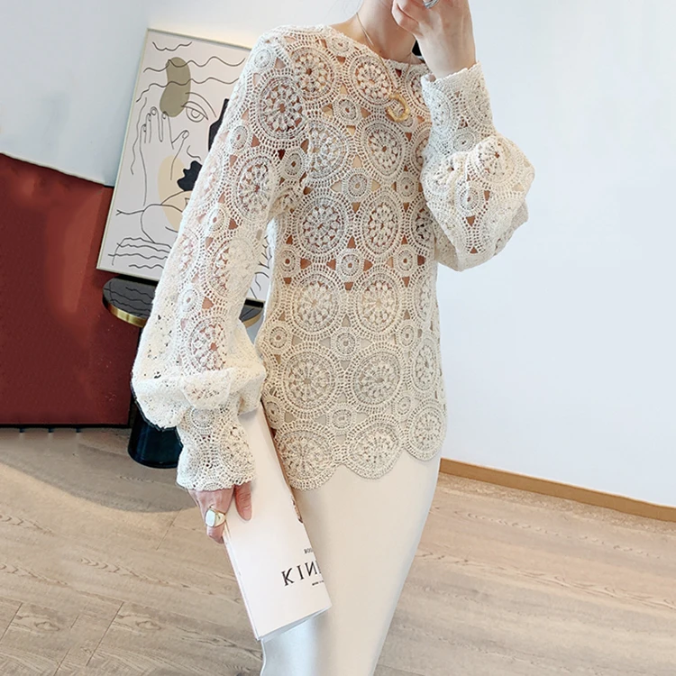 
Palace Lantern Sleeve Summer Spring Female Embroidery Flower Woven Hollow Out Lace Top Sweater Dress 