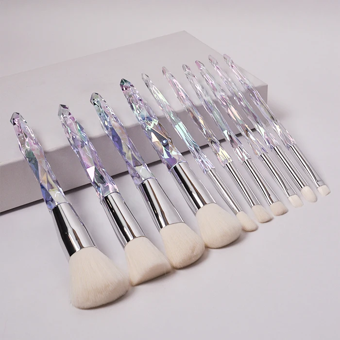 10pcs shinny clear handle vegan makeup brush set custom private logo crystal handle makeup brush set