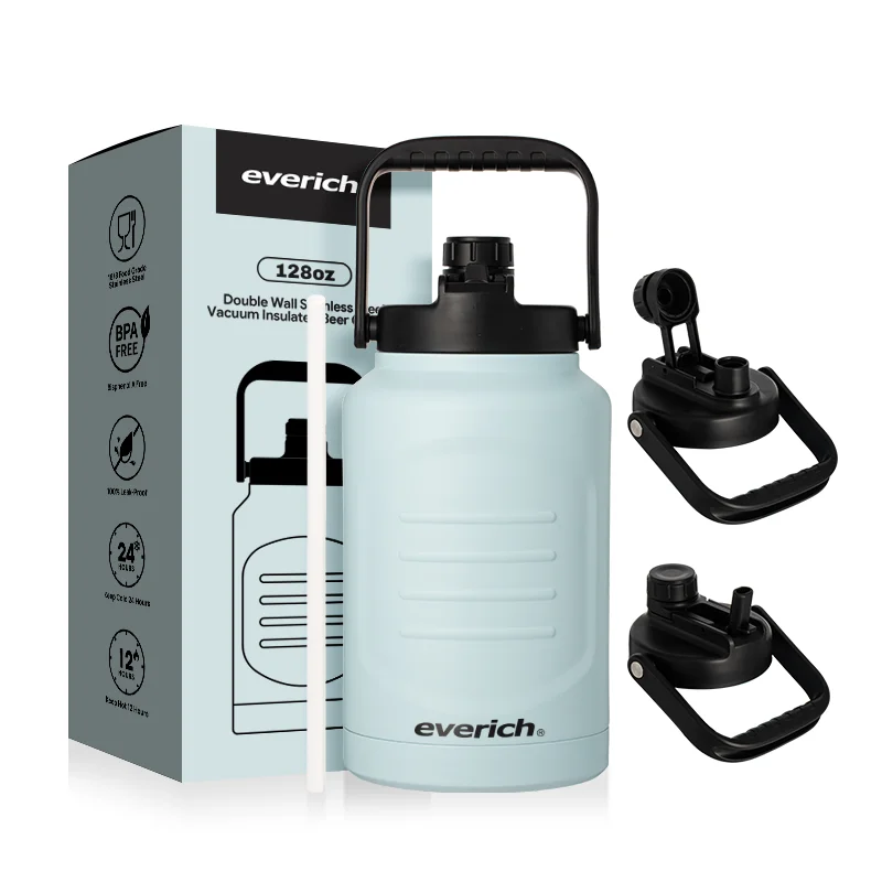 Insulated Water Jug 128oz with Upgrade 2 in 1 Lid Vacuum Insulated Stainless Steel Sports Thermo Beer Growler
