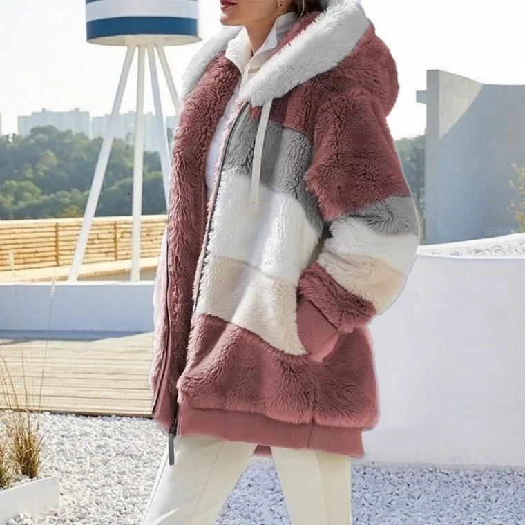 2023 Winter Warm Mixee Color Casual Hooded Plush Streetwear Plus Size Winter Outwear Jacket Fur Coat With Pockets