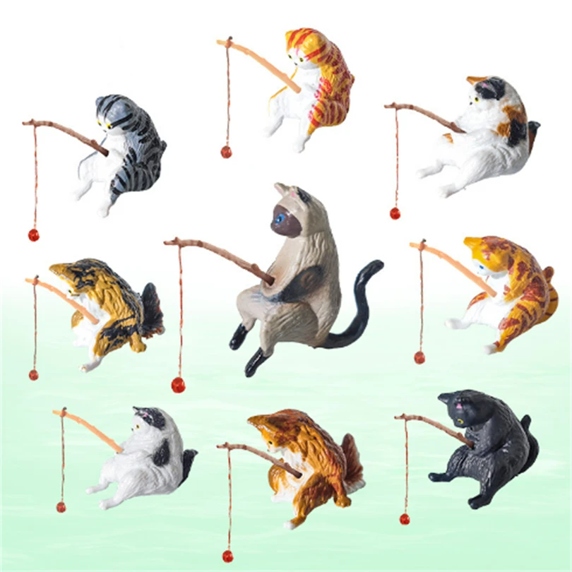 Cute Cat Figurines Aquarium Fish Tank Aquarium Pendant Cat for Fish Tank Aquarium Landscape Cat Fishing Figurine