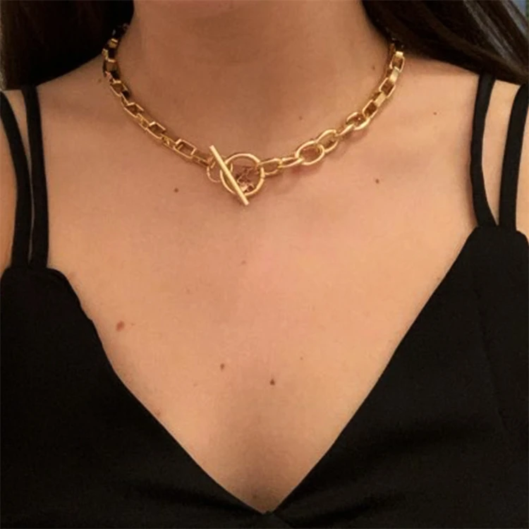 Cheap Layered Gold Cuban Link Chain Hip Hop Chunky Paperclip Punk Choker Charm Necklace For Women