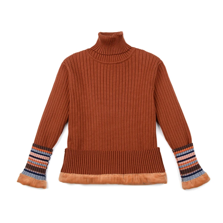 Womens Velvet Lining Colorblock Sweater Turtle Neck Casual Long Sleeve Loose Striped Knitted  Pullover Tops