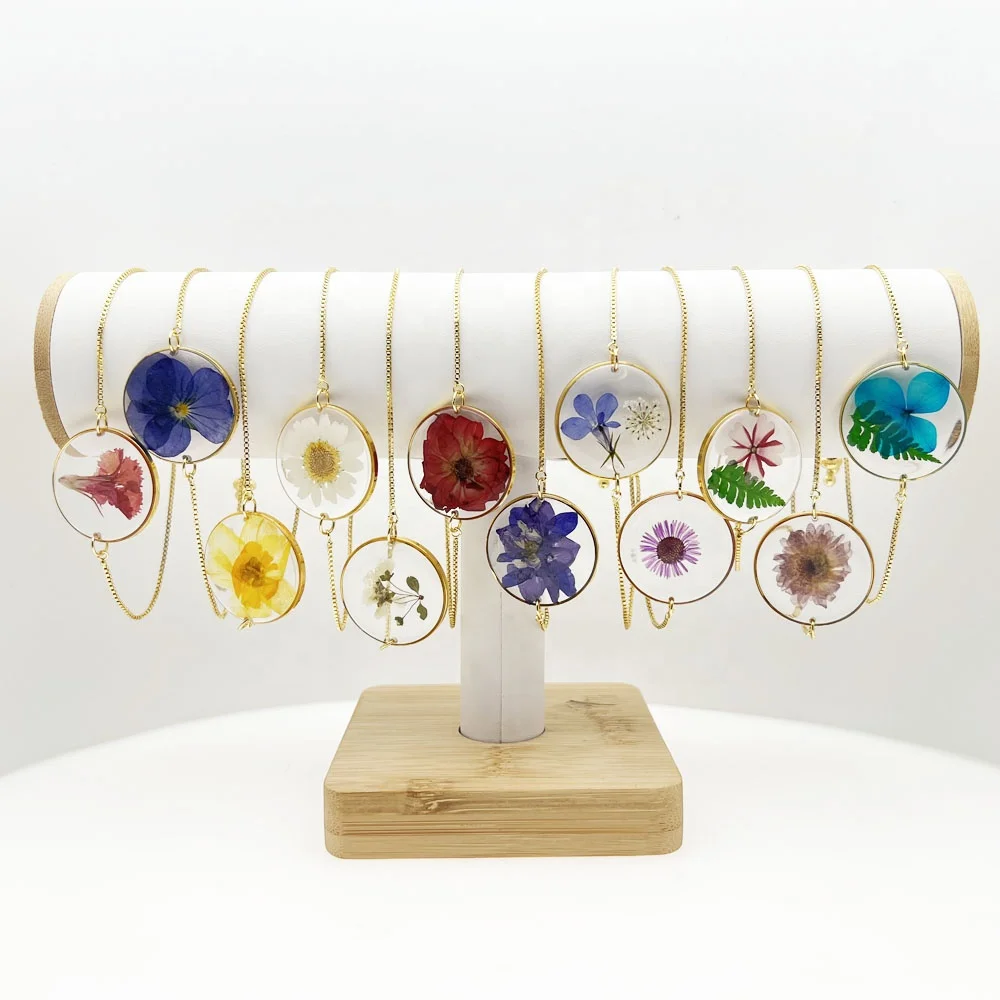Best Graduation gift 2024 Gold Plated fashion jewelry resin epoxy dry pressed floral Birth Month Flowers bracelet women