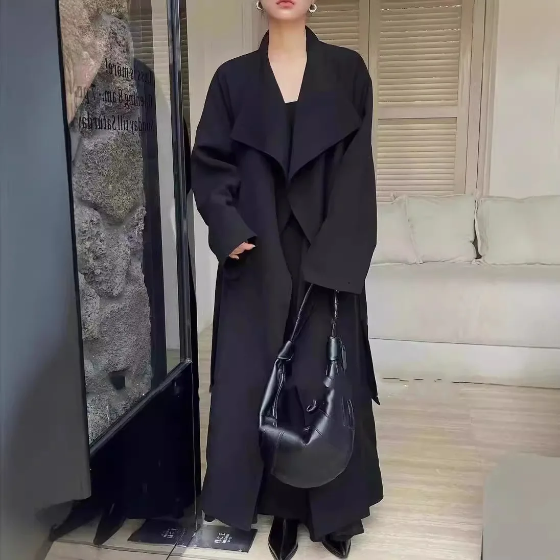 2024 Early autumn long trench coat women high-grade simple lace below-the-knee coat high-grade loose casual trench coat