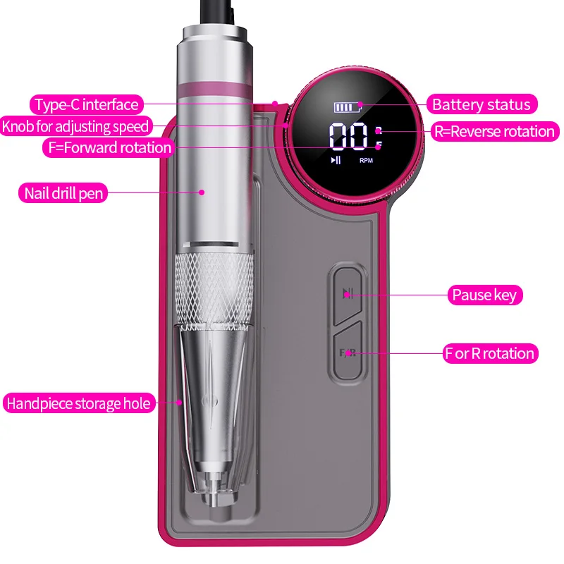 Professional Electric Nail Drill 35000RPM Rechargeable Nail File with 6 PCS Nail Drill Bits for Salon Home Use