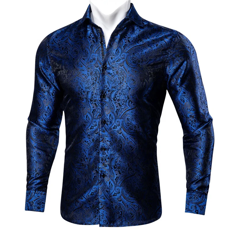 Fashion Men Shirts Silk Paisley Flower Long Sleeve Dress Shirt for Business Party Woven Silk Casual Designer