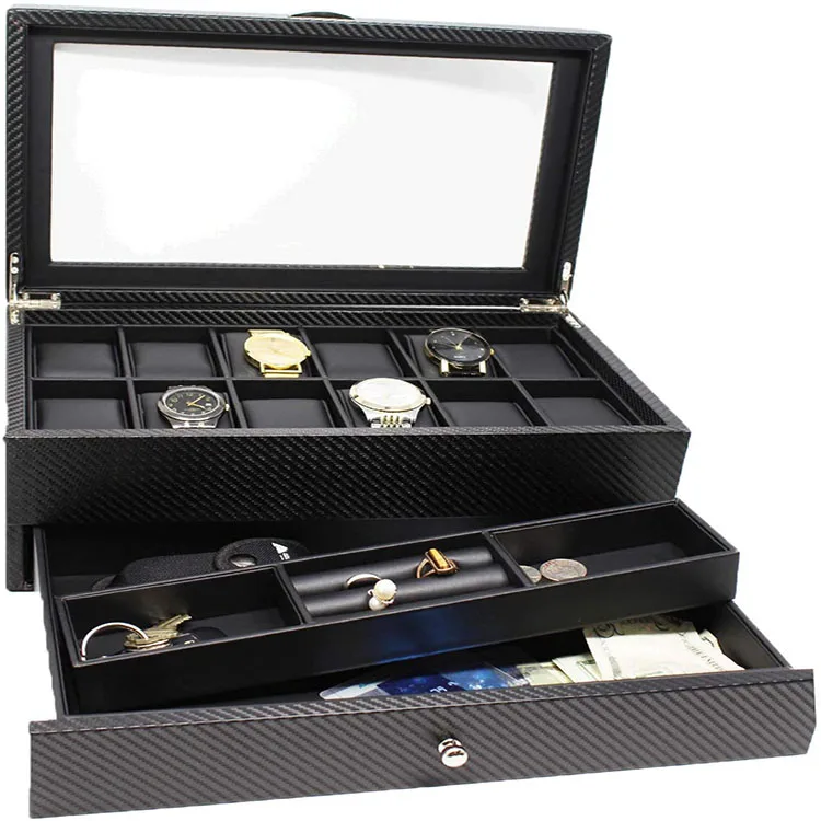 Watch Box  Display Case & Organizer For Men| First Class Jewelry Watch Holder| 12 Watch Slots & Valet Drawer for Sunglasses, Rin (1600276516526)