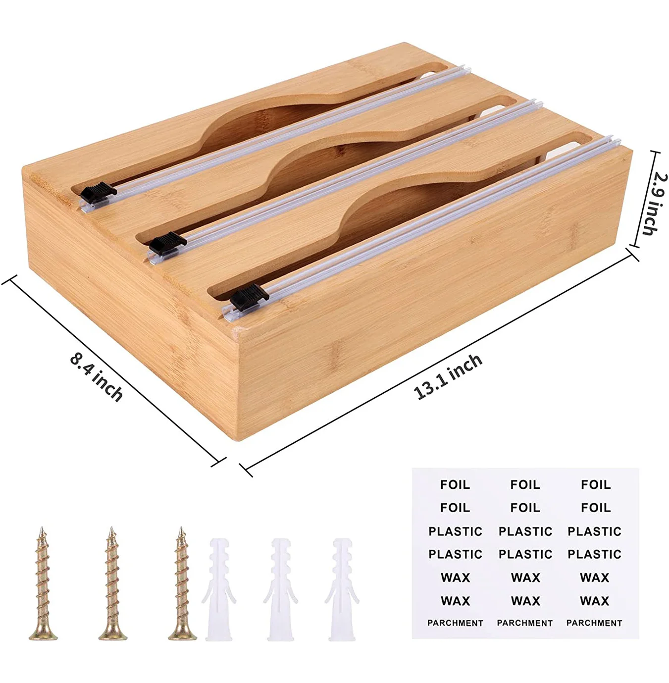 New popular 3 in 1 Foil and Plastic Wrap Organizer Durable Bamboo Plastic Wrap Dispenser Multipurpose Cling Film Storage Box