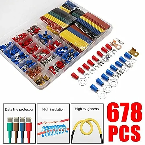 678Pcs Insulated Spade Butt Splice Crimp Terminal 2:1 Electrical Cable Heat Shrink Tubing Sleeve Kit