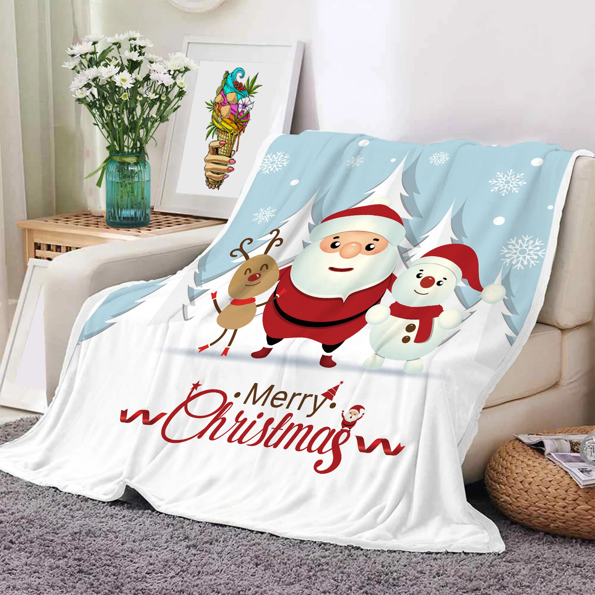 High Quality Custom Christmas Flannel Blanket Snowman Digital Printed Polyester Fleece Blanket