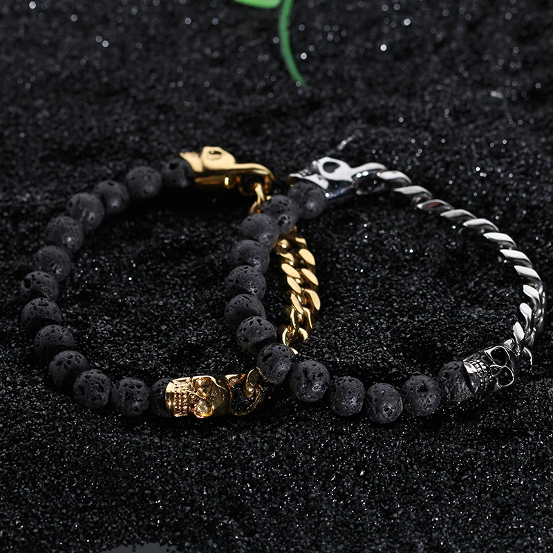 Оптовая продажа, мужской браслет KALEN 4 вида цветов из вулканической лавы с бусинами черепа с цепочкой из нержавеющей стали 316L, дизайнерские ювелирные изделия