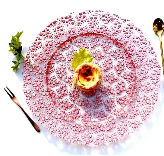 Розовая стеклянная тарелка с пузырьками для зарядного устройства, стеклянная тарелка в форме капли дождя, свадебная посуда, 13 дюймов, 33 см