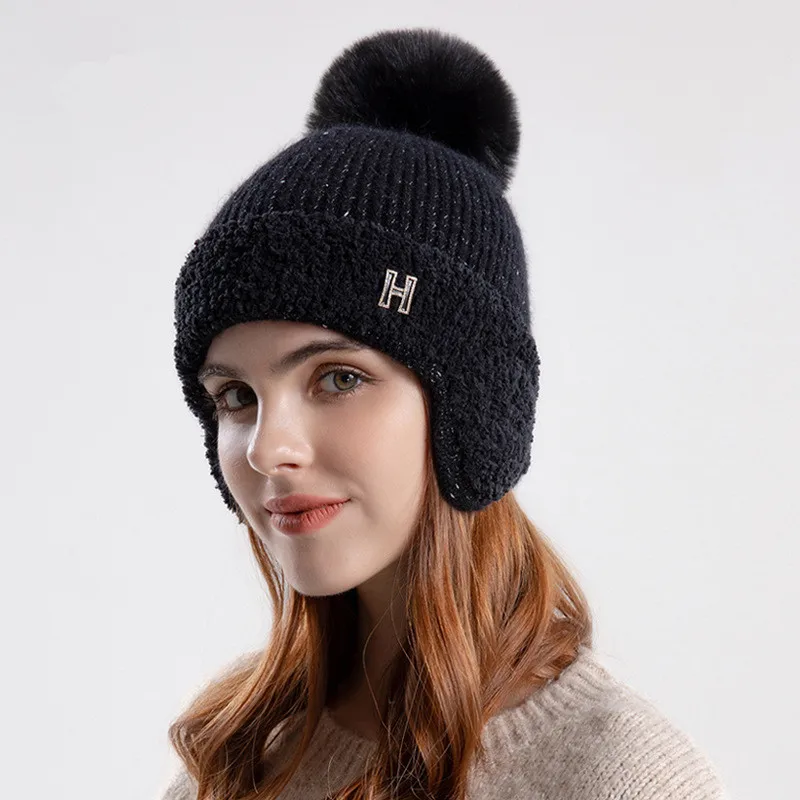 Custom Women Knitted Warm Winter Earflaps Beanie Cap Wool Fluffy Furry Beanies With Pompom Soft Skull Cap Knitted Beanie Earflap