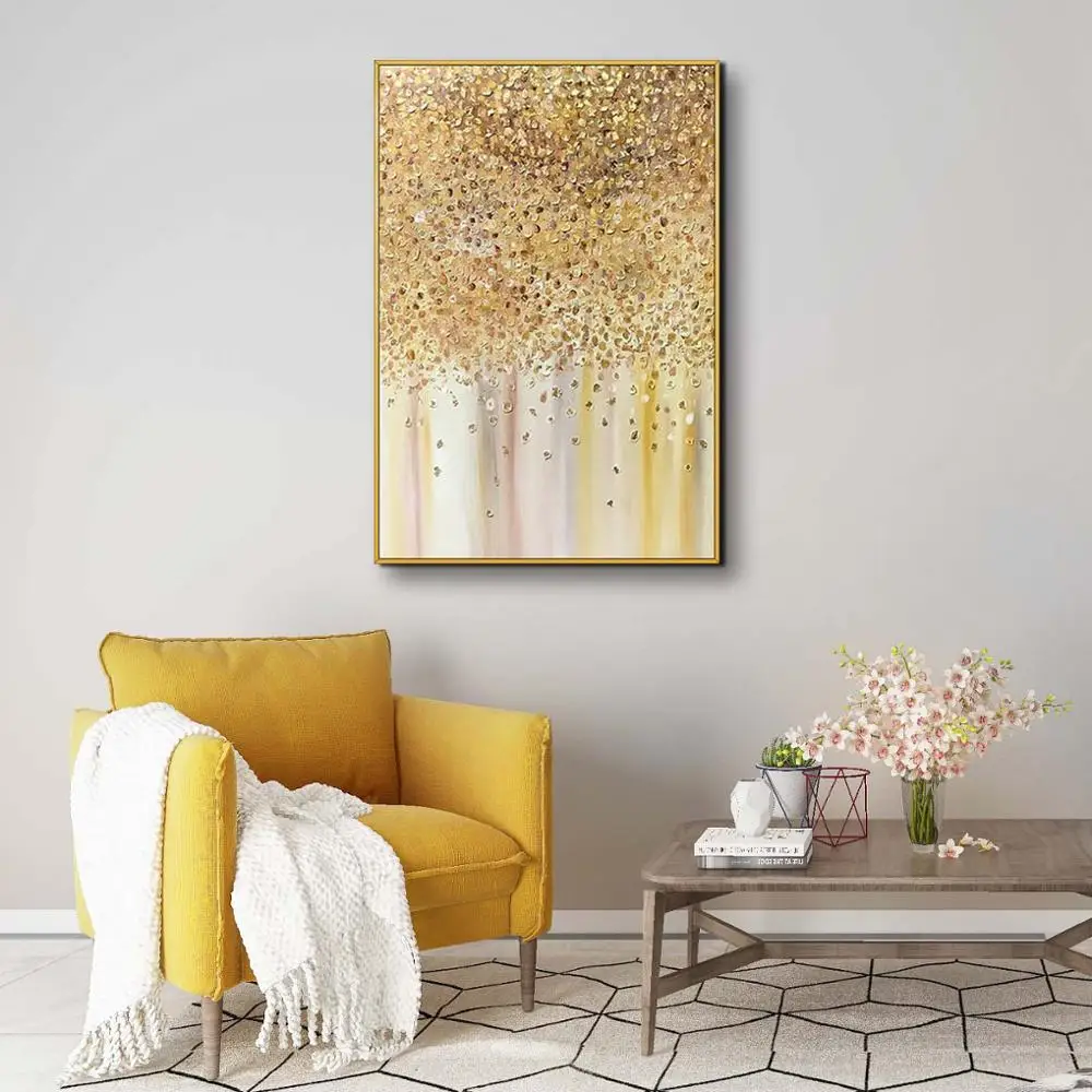 
Framed Large Single Panel Textured Drop Gold Paints Artwork Design Abstract paintings for Wall Decor 