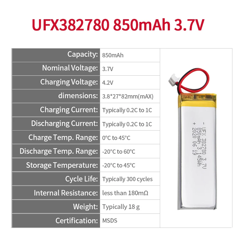 Sodium Ion Battery Manufacturers In China UFX 382780 850mAh 3.7V Li ion Rechargeable Battery