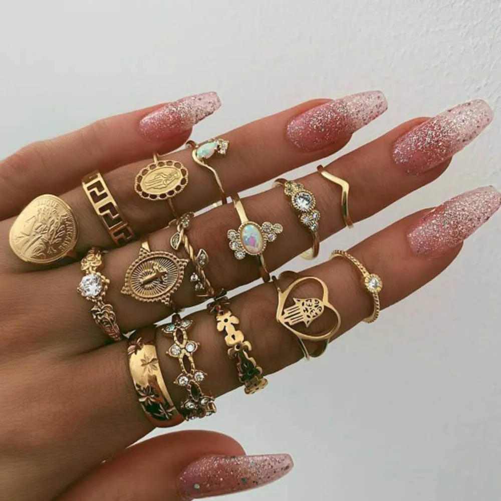 2021 Hot Selling Boho Vintage Gold/Silver Knuckle Rings For Women/Ladies Wedding Gift Crown Heart Diamond Gem Jewelry Ring Set