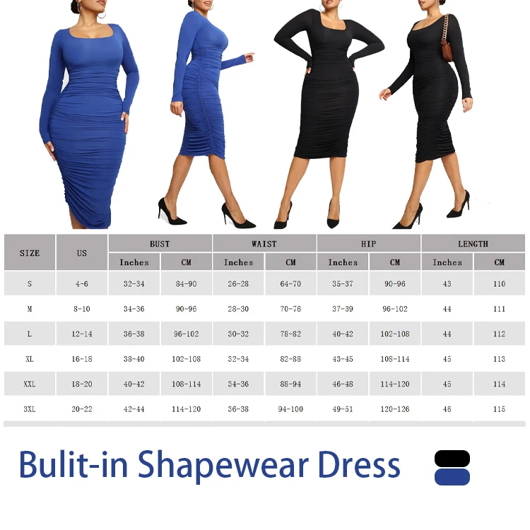 wholesale custom 2023 Autumn and winter seamless Square-neck black long sleeve built-in shapewear maxi dress bodycon woman dress