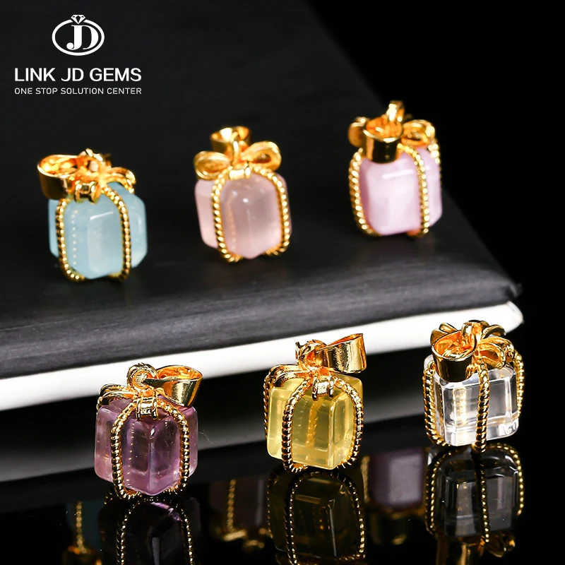 JD Gold Plated Natural Citrine Amethyst Crystal Quartz Aquamarine Kunzite Gift Box Copper Buckle Pendant for Necklace Making