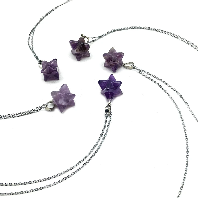 Wholesale Hot Sale natural stone Meditation Spiritual Healing amethyst Crystal Merkaba Star Pendant For women gift