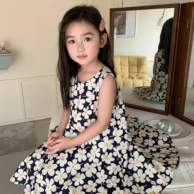 Yalindars Summer New Kids Sundress Sleeveless Floral Princess Dress with O-Neck Collar Long Knee-Length Sweet Pattern Design