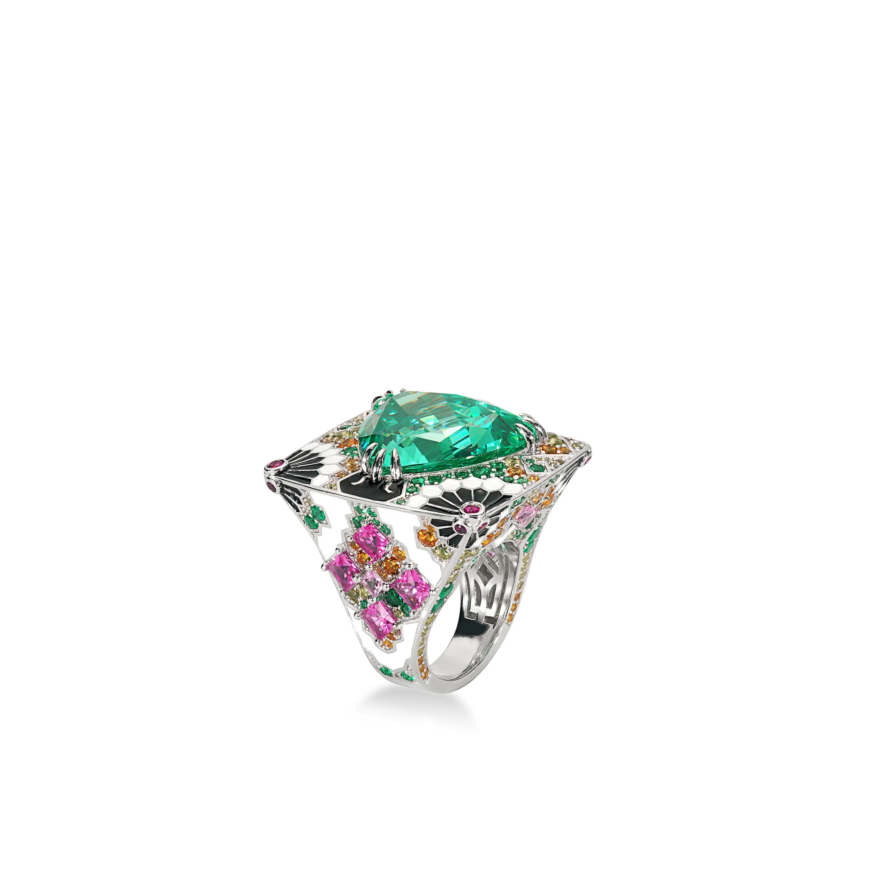 Wholesale Price of Fashionable 925 Sterling Silver Inlaid Synthetic Gemstone Green Monet Garden Luxury Ring