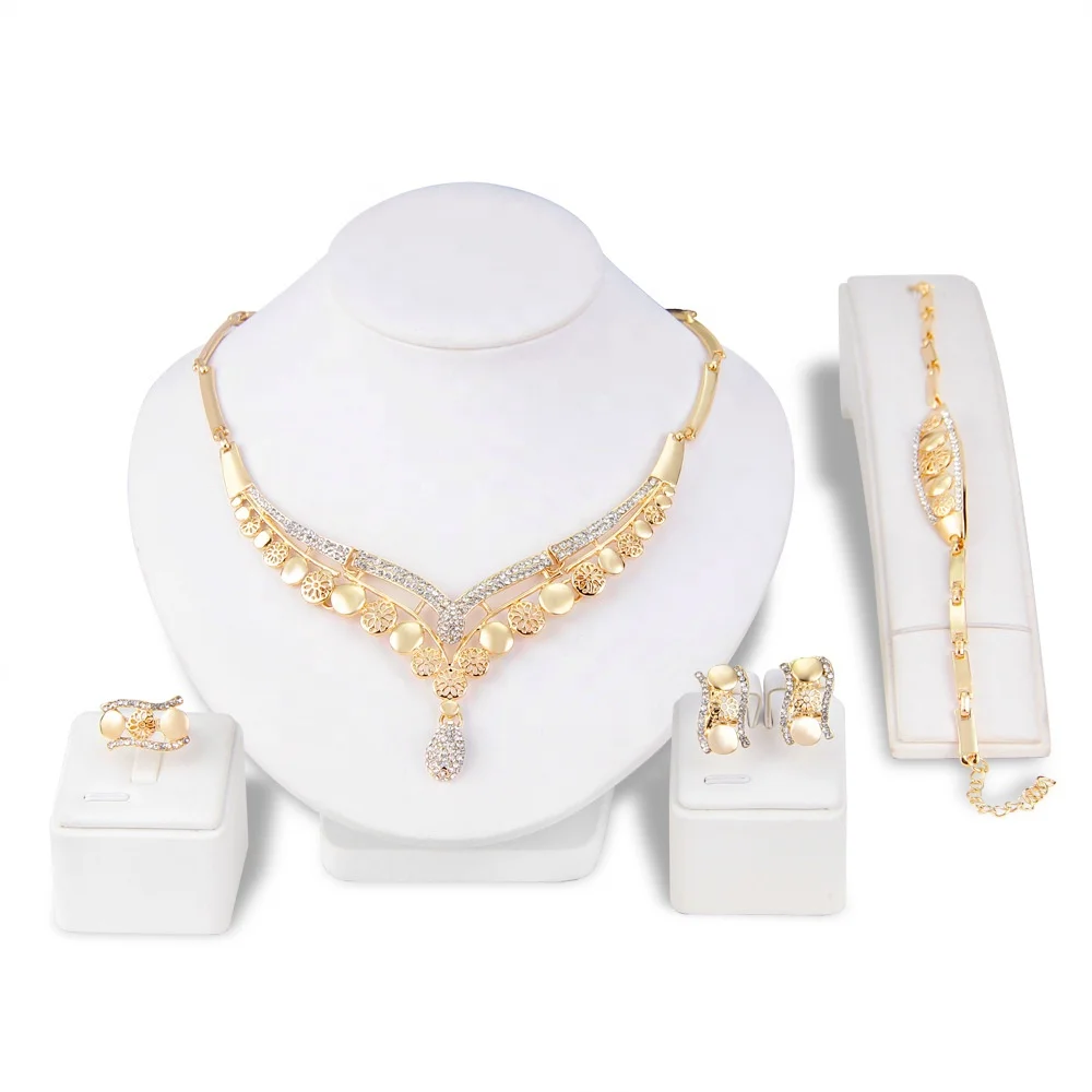 
newest hot sale rhinestone stainless steel Jewelry four-piece Sets Bridal Gold Plated Jewelry for woman 
