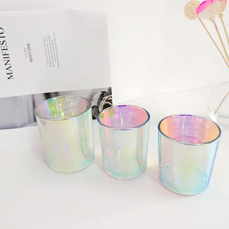 2022 OEM ODM Kerzenglas 12 oz White Gold Embossed Iridescent Crystal Wooden Candle Vessel With Lid